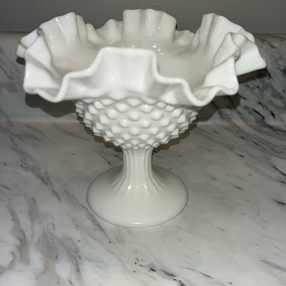 Vintage Fenton pedestal candy dish compote white hobnail milk glass ruffled edge